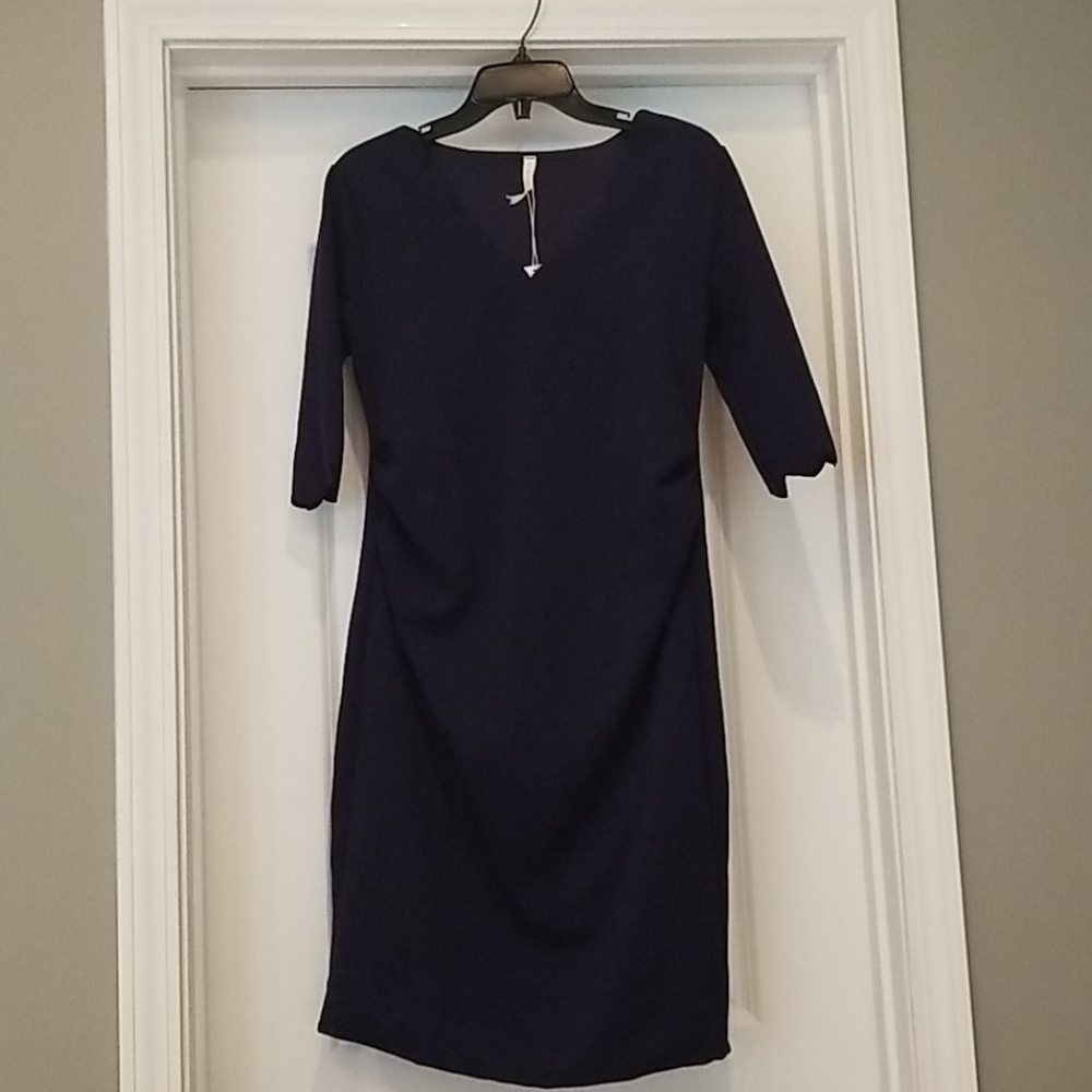 Navy scallop trim fitted maternity dress